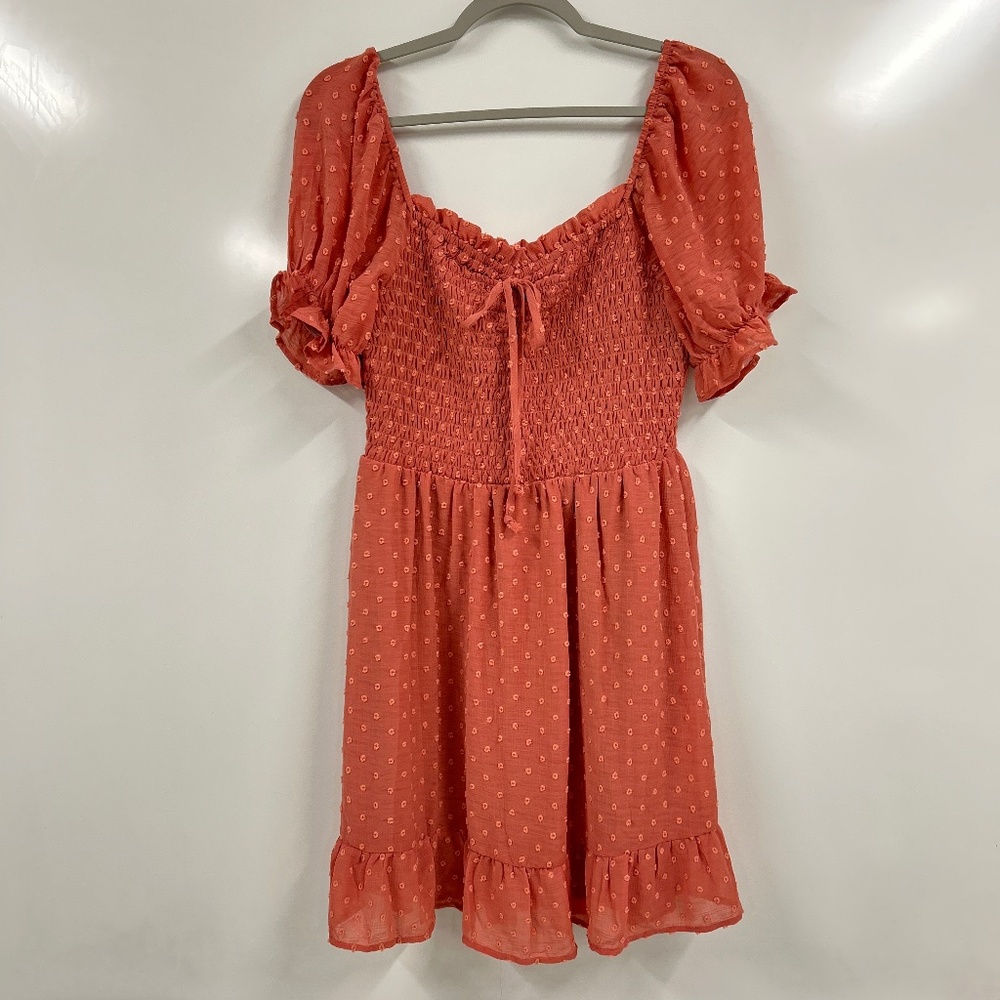 June & Hudson Coral Smocked Puff Sleeve Mini Size L Cottagecore Boho Babydoll